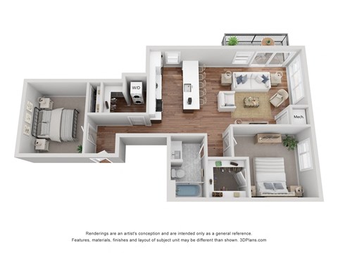 The B4 is 2 Bed, 1 Bath at 1,068 Sq. Ft.
From the entry door, to the left is a bedroom, followed by the bathroom and second bedroom. From the entry door, to the right is the washer/dryer closet, followed by the kitchen, dining area, living room, and patio.